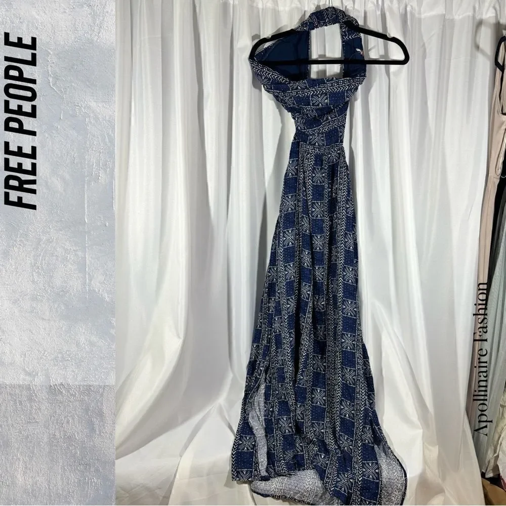 FREE PEOPLE PEYTON MAXI DRESS SIDE SLITS IN NAVY COMBO NWOT LARGE